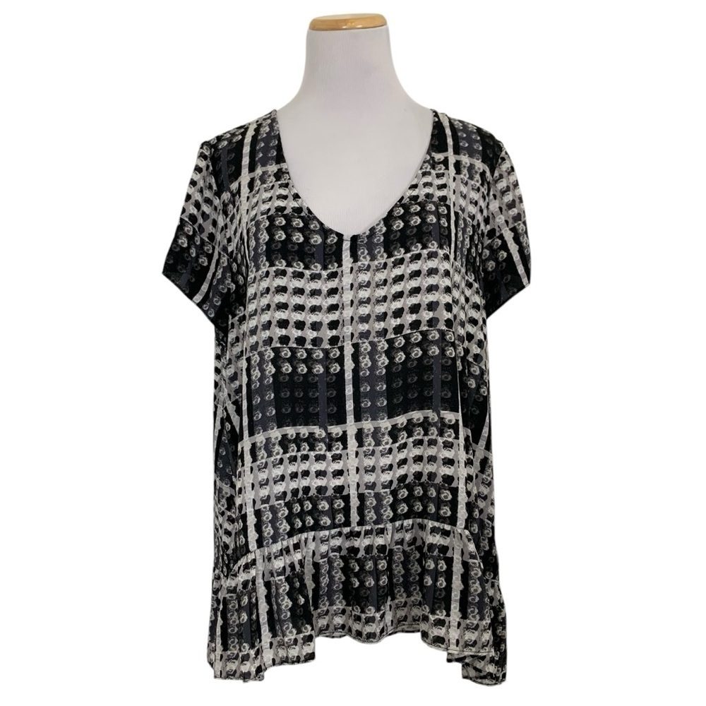 Thakoon Semi Sheer Short Sleeve Geometric Ruffle Hem Top XL Black White Gray